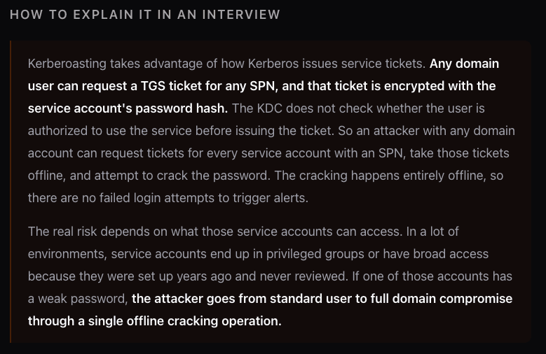 Lesson page showing how to explain Kerberoasting in an interview