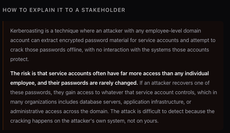 Lesson page showing how to explain Kerberoasting to a stakeholder