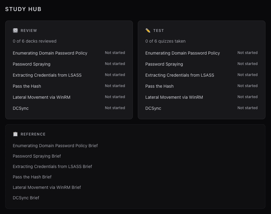 Study hub showing review, test, and reference progress across a track