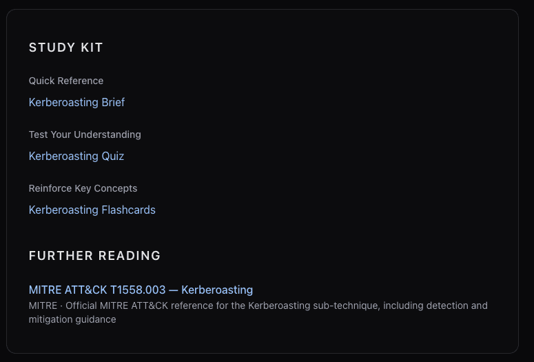 Study kit showing brief, quiz, and flashcards for a lesson